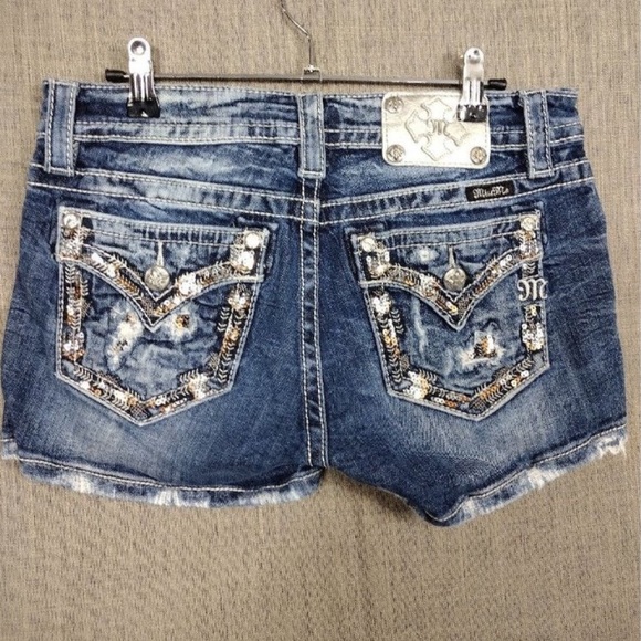 Miss Me Pants - Miss Me Shorts Womens 28 Blue Mid Rise Stretch Denim Signature Sequin Pockets